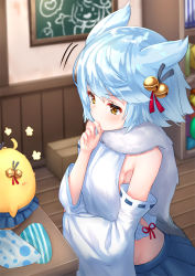 Rule 34 | 1girl, ahoge, animal ears, azur lane, bell, bird, blue hair, blush, bookshelf, box, cardboard box, chalkboard, chick, commentary request, crossed arms, detached sleeves, doodle, finger to mouth, fubuki (azur lane), hair bell, hair ornament, highres, indoors, jingle bell, pensuke, ribbon-trimmed sleeves, ribbon trim, scarf, short hair, yellow eyes