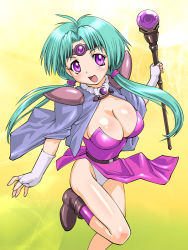 Rule 34 | 1990s (style), 1girl, :d, ahoge, ankle boots, belt, blue hair, boots, breasts, buckle, cleavage, dress, fingerless gloves, gem, gloves, gradient background, green hair, haou taikei ryuu knight, headpiece, large breasts, loincloth, long hair, looking at viewer, open mouth, paffy pafuricia, pink dress, pink eyes, purple eyes, retro artstyle, smile, solo, standing, standing on one leg, ueyama michirou, very long hair