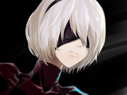 Rule 34 | 1girl, black background, blindfold, covered eyes, dutch angle, expressionless, fengya, grey hair, mole, mole under mouth, nier:automata, nier (series), portrait, short hair, simple background, solo, 2b (nier:automata)