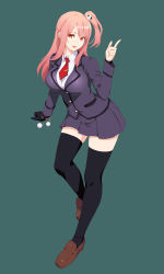 Rule 34 | 1girl, black gloves, black thighhighs, bracelet, breasts, brown footwear, buttons, coach doa, dead or alive, full body, gloves, green background, grey jacket, grey skirt, hair between eyes, highres, honoka (doa), jacket, jewelry, large breasts, long hair, looking at viewer, necktie, parted lips, pink hair, pleated skirt, pointing, red eyes, red necktie, school uniform, shirt, side ponytail, single glove, skirt, smile, solo, thighhighs, tie clip, white shirt