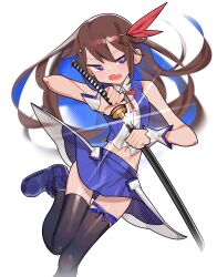 Rule 34 | 1girl, absurdres, black thighhighs, blue eyes, blue footwear, blue hair, brown hair, cropped vest, diamond hair ornament, fang, hair ornament, hair ribbon, highres, holding, holding sheath, holding sword, holding weapon, hololive, katana, leg up, long hair, multicolored hair, open mouth, red ribbon, ribbon, saaal653, sheath, simple background, skin fang, skirt, solo, star (symbol), star hair ornament, sword, thighhighs, tokino sora, tokino sora (1st costume), unsheathing, vest, virtual youtuber, weapon, white background