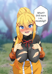 Rule 34 | 1girl, absurdres, blonde hair, blue eyes, blush, bodysuit, breasts, covered erect nipples, darkness (konosuba), grass, hair between eyes, hair ribbon, heart, heart-shaped pupils, heavy breathing, highres, impossible clothes, kono subarashii sekai ni shukufuku wo!, large breasts, leaning forward, long hair, looking at viewer, naughty face, open mouth, oppaihobby, outdoors, ponytail, ribbon, sidelocks, skirt, smile, solo, speech bubble, sweat, symbol-shaped pupils, teeth, text focus, torn clothes, wavy mouth