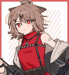 Rule 34 | 1girl, animal ears, arknights, bandaid, bandaid on arm, black jacket, border, breasts, bright pupils, cutter (arknights), dual wielding, fox ears, fox girl, hair between eyes, hair ornament, hairclip, holding, holding sword, holding weapon, jacket, looking at viewer, maguro kan, off shoulder, open clothes, open jacket, outside border, red border, red eyes, red shirt, shirt, short hair, simple background, sleeveless, sleeveless shirt, small breasts, solo, sword, topknot, upper body, weapon, white background, white pupils, x hair ornament