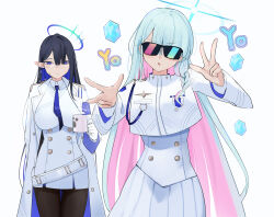 Rule 34 | 2girls, absurdres, black hair, black pantyhose, blue-tinted eyewear, blue archive, blue hair, braid, breasts, coat, coffee mug, colored inner hair, cup, dress, earrings, general student council president (blue archive), glasses, halo, highres, jewelry, large breasts, long hair, mug, multicolored hair, multiple girls, pantyhose, pink-tinted eyewear, pink hair, pointy ears, rapping, rin (blue archive), san (harutuki 3), side braid, single earring, sunglasses, tinted eyewear, white background, white coat, white dress