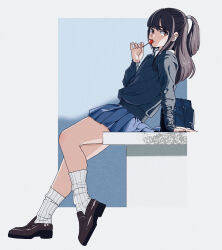 Rule 34 | 1girl, black hair, black sweater, blue background, blue skirt, border, brown eyes, brown footwear, candy, closed mouth, cloudy rain4, collared shirt, dated commentary, food, full body, gradient background, half updo, hand up, highres, holding, holding candy, holding food, holding lollipop, kneehighs, leaning back, loafers, lollipop, long hair, long sleeves, looking at viewer, looking to the side, miniskirt, original, outside border, pleated skirt, ponytail, school uniform, shirt, shoes, sidelocks, sitting, skirt, socks, solo, sweater, white border, white shirt, white socks