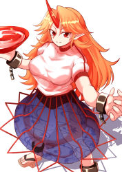 Rule 34 | 1girl, absurdres, alcohol, blonde hair, blue skirt, breasts, closed mouth, commentary request, cuffs, cup, foot out of frame, fugaku (miko no miyatsuguchi), geta, highres, holding, holding cup, horns, hoshiguma yuugi, large breasts, long hair, looking at viewer, pointy ears, red eyes, red horns, sakazuki, sake, shirt, short sleeves, simple background, single horn, skirt, smile, solo, star (symbol), touhou, white background, white shirt