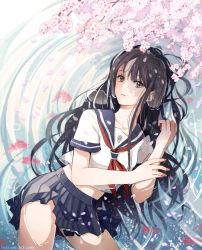 Rule 34 | 1girl, black hair, black skirt, cherry blossoms, collarbone, dot nose, expressionless, falling petals, grey eyes, hand on own arm, hishi (k-xaby), light particles, long hair, looking at viewer, lying, midriff peek, neckerchief, on back, original, parted lips, partially submerged, petals, pleated skirt, red neckerchief, ripples, school uniform, serafuku, skirt, solo, water, watermark, web address