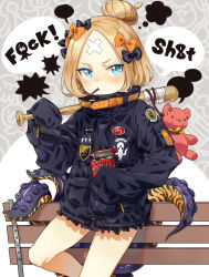 Rule 34 | !, 1girl, abigail williams (fate), abigail williams (traveling outfit) (fate), absurdres, bad id, bad pixiv id, bandages, baseball bat, black bow, blonde hair, blue eyes, blush, bow, commentary request, english text, fate/grand order, fate (series), food, hair bow, highres, holding, holding baseball bat, in mouth, jacket, long hair, long sleeves, looking at viewer, multiple hair bows, official alternate costume, orange bow, parted bangs, platinum (o0baijin0o), pocky, polka dot, polka dot bow, profanity, sleeves past fingers, sleeves past wrists, solo, speech bubble, stuffed animal, stuffed toy, teddy bear, tentacles, very long hair, yellow bow