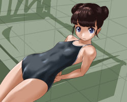 Rule 34 | 1girl, arms behind back, bad id, bad pixiv id, black one-piece swimsuit, black school swimsuit, blue eyes, brown hair, cameltoe, collarbone, competition school swimsuit, covered navel, cowboy shot, double bun, from above, from side, hair bun, looking at viewer, lying, on back, one-piece swimsuit, original, rohitsuka, school swimsuit, short hair, solo, swimsuit, wide hips