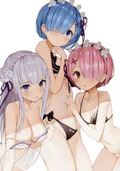 Rule 34 | 10s, 3girls, absurdres, bare shoulders, bikini, bikini pull, black bikini, blue eyes, blue hair, blush, bow, bow bikini, breasts, bright pupils, cleavage, closed mouth, clothes pull, collarbone, cowboy shot, emilia (re:zero), flower, gaou (umaiyo puyoman), hair flower, hair ornament, hair over one eye, hairband, hand on another&#039;s stomach, hand on own thigh, highres, lolita hairband, looking at viewer, medium breasts, multiple girls, navel, non-web source, parted lips, pink hair, pointy ears, purple eyes, ram (re:zero), re:zero kara hajimeru isekai seikatsu, red eyes, rem (re:zero), scan, short hair, siblings, silver hair, simple background, sisters, small breasts, smile, swimsuit, twins, white background, white bikini, x hair ornament