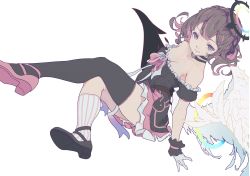 Rule 34 | 1girl, angel, angel and devil, angel wings, asymmetrical footwear, asymmetrical legwear, atk7, bad id, bad pixiv id, bare shoulders, black choker, black footwear, black legwear, blue eyes, breasts, brown hair, choker, cleavage, closed mouth, demon wings, feathered wings, feathers, frills, gloves, halo, highres, medium breasts, medium hair, mismatched footwear, mismatched legwear, multicolored hair, original, pink footwear, pink hair, pink lips, rainbow, simple background, smile, socks, solo, striped clothes, striped legwear, striped neckwear, striped socks, vertical-striped clothes, vertical-striped socks, white background, white gloves, wings