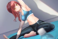 Rule 34 | 1girl, :o, absurdres, arm up, armpits, bare shoulders, barefoot, black pants, blue sports bra, blurry, blurry foreground, blush, bottle, braid, breasts, brown hair, cleavage, collarbone, commentary request, groin, hair between eyes, highres, idolmaster, idolmaster shiny colors, long hair, looking at viewer, medium breasts, midriff, navel, osaki amana, pants, partial commentary, shadow, sideboob, sidelocks, sitting, solo, sports bra, stretching, sunvinegar, sweat, swept bangs, tight clothes, tight pants, wall, water bottle, yellow eyes