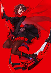 Rule 34 | 1girl, black dress, black eyes, black hair, boots, breasts, brown pantyhose, cape, cloak, corset, crescent rose, dress, frilled dress, frills, full body, gothic lolita, grey eyes, highres, hood, hooded cloak, lolita fashion, pantyhose, red background, red cape, red hair, red theme, ruby rose, rwby, scythe, short hair, simple background, solo, thighhighs