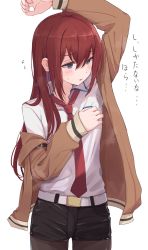 Rule 34 | 1girl, arm up, belt, black pantyhose, black shorts, blue eyes, brown hair, brown jacket, commentary request, dress shirt, highres, jacket, kahlua (artist), long hair, makise kurisu, necktie, pantyhose, red necktie, shirt, shorts, simple background, smell, smelling, smelling armpit, smelling self, solo, steins;gate, translation request, white background, white belt, white shirt