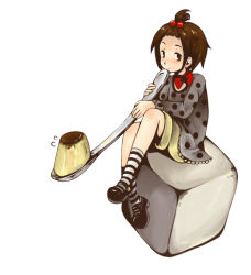 Rule 34 | bad id, bad pixiv id, brown eyes, brown hair, food, forehead, hair bobbles, hair ornament, high ponytail, kneehighs, m eme, mary janes, oversized object, polka dot, pudding, shoes, short hair, sitting, socks, solo, spoon, striped clothes, striped socks