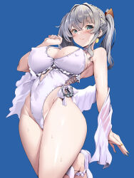 Rule 34 | 1girl, absurdres, anchor, aqua eyes, bare arms, blue background, blush, breasts, casual one-piece swimsuit, choker, cleavage, cleft of venus, closed mouth, commentary request, cosplay, covered erect nipples, covered navel, crossed bangs, grey hair, hair between eyes, hair ornament, highres, kantai collection, kashima (kancolle), large breasts, long hair, one-piece swimsuit, sagiri (kancolle), sagiri (kancolle) (cosplay), shawl, side-tie swimsuit, sidelocks, simple background, solo, standing, standing on one leg, sweat, swimsuit, thighs, torisan, twintails, white footwear, white one-piece swimsuit, white shawl