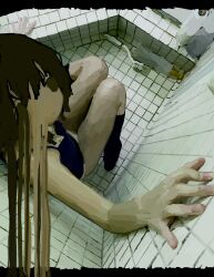 Rule 34 | 1girl, abstract, bathroom, black hair, br3ad, closed mouth, commentary, foreshortening, from above, hand on wall, head tilt, highres, kneeling, leaning back, looking at viewer, looking up, melting, on floor, original, outstretched arms, short hair, solo, surreal, tile floor, tile wall, tiles, underwear