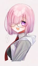 Rule 34 | 1girl, :d, absurdres, black-framed eyewear, blush, cropped arms, cropped torso, fate/grand order, fate (series), from side, glasses, grey sleeves, harukappa, highres, hood, hood down, hooded jacket, jacket, looking at viewer, mash kyrielight, necktie, open clothes, open jacket, open mouth, pink hair, purple eyes, raglan sleeves, red necktie, short hair, signature, simple background, smile, solo, speech bubble, straight hair, upper body, white background, white jacket