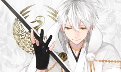 Rule 34 | 10s, 1boy, bird, crane (animal), gloves, japanese clothes, jewelry, male focus, necklace, partially fingerless gloves, shigamaru, smile, solo, sword, touken ranbu, tsurumaru kuninaga, tsurumaru kuninaga (touken ranbu), weapon, white hair, yellow eyes