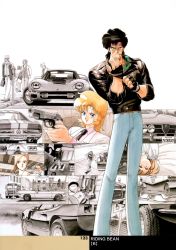 Rule 34 | 1980s (style), 1990s (style), alfa romeo, bag, baseball cap, bean bandit, belt, black hair, blonde hair, blue eyes, brown eyes, brown hair, buff the roadbuster, bus, car, ceiling, chelsea grimwood, chevrolet, chevrolet corvette, city, closed eyes, cz 75, denim, fence, fingerless gloves, ford, ford mustang, formal, gloves, gun, hairband, handgun, hat, highres, holding, jacket, leather, leather jacket, looking at viewer, lying, monochrome, motor vehicle, necktie, oldschool, pants, pavement, percy (riding bean), pistol, pulling, rally vincent (riding bean), retro artstyle, riding bean, road, running, scar, semmerling, shelby gt500, shirt, shoes, short hair, sideburns, smile, smirk, sonoda ken&#039;ichi, spot color, standing, street, suit, sunglasses, vehicle, weapon