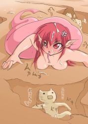 Rule 34 | 1girl, 2channel, blush, breasts, completely nude, cum, forked tongue, hiding, lamia, large breasts, mona (2ch), monster girl, noise (lesion949), nude, original, pointy ears, red eyes, red hair, scales, scared, solo, tongue