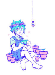 Rule 34 | 1boy, barefoot, basil (headspace) (omori), basil (omori), blush, collared shirt, colored skin, emily shaw, flower, green eyes, green hair, green shirt, handheld game console, head wreath, highres, holding, holding handheld game console, light bulb, looking away, nintendo switch, omori, open mouth, overall shorts, overalls, plant, potted plant, shirt, short hair, short sleeves, sitting, smile, solo, white skin