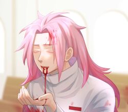 Rule 34 | 1boy, blood, blood from mouth, blood in hair, blood on clothes, blood on face, blood on hands, chinese commentary, closed eyes, colored eyelashes, commentary request, hand up, hatsutori hajime, highres, long hair, long sleeves, male focus, parted bangs, pink hair, saibou shinkyoku, shirt, solo, white shirt, yutoumocha