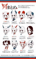 Rule 34 | 6+girls, antlers, asymmetrical horns, bad id, bad pixiv id, blank eyes, blue eyes, demon horns, dragon horns, empty eyes, expressionless, female focus, highres, horns, japanese text, jewelry, magatama, monster girl, multiple girls, necklace, no pupils, oni horns, original, partially translated, pointy ears, red eyes, sheep horns, short hair, simple background, single horn, tachibana amane (amane01a), text focus, translation request, tsurime, uneven horns, upper body, white background