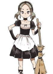 Rule 34 | 1girl, absurdres, bright pupils, broom, brown eyes, brown hair, collarbone, cowboy shot, detached sleeves, dress, earrings, female focus, hand on own hip, headband, highres, jewelry, looking at viewer, maid, simple background, sketch, smile, solo, standing, white background, yamamoto souichirou