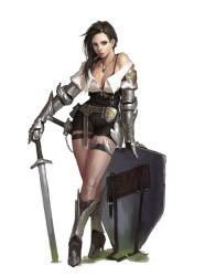 Rule 34 | 1girl, armor, bad id, belt, boots, bra, breasts, cleavage, collarbone, contrapposto, couter, dongho kang, gauntlets, greaves, high heel boots, high heels, jewelry, medium breasts, mouth hold, necklace, sheath, shield, simple background, solo, standing, sword, thigh strap, underwear, weapon, white background