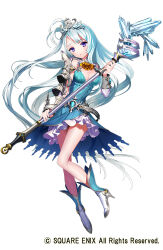 1girl aqua_dress armor ascot blue_hair breasts cleavage copyright_notice crown dress full_body gaou_(umaiyo_puyoman) grimms_notes high_heels ice light_blue_hair official_art open_mouth princess_grecia_(grimms_notes) purple_eyes simple_background solo staff white_background