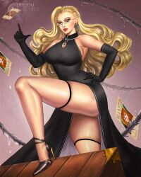 Rule 34 | 1girl, arm up, artist name, bare legs, black dress, black gloves, blonde hair, blue eyes, breasts, curly hair, dress, earrings, elbow gloves, eyelashes, glasses, gloves, gluteal fold, hand on own hip, high heels, highres, hip vent, index finger raised, jewelry, kalifa (one piece), large breasts, leg up, lilyzou, long hair, mole, mole above mouth, nami (one piece), necklace, one piece, ring, sleeveless, sleeveless dress, thigh strap, thighs, wanted, whip