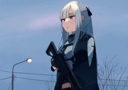 Rule 34 | 1girl, :o, ak-12, ak-12 (girls&#039; frontline), assault rifle, black gloves, blue sky, braid, french braid, girls&#039; frontline, gloves, gun, hair ribbon, highres, hinami047, holding, holding gun, holding weapon, kalashnikov rifle, long hair, looking away, open mouth, purple eyes, ribbon, rifle, silver hair, simple background, sky, solo, tactical clothes, upper body, weapon