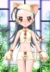 Rule 34 | 00s, animal ears, animal hands, bell, blue hair, blush, brown eyes, cat ears, cat tail, collar, earrings, jewelry, jingle bell, long hair, lowres, midriff, neck bell, puchi puri yucie, tail, yucie