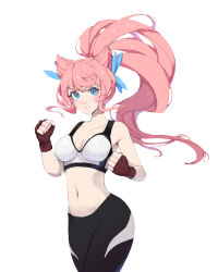 Rule 34 | 1girl, absurdres, black leggings, brown gloves, clenched hands, clown princess, commentary, english commentary, fingerless gloves, floating hair, gloves, hair ears, highres, leggings, looking at viewer, maria cadenzavna eve, midriff, navel, official alternate costume, parted lips, ponytail, senki zesshou symphogear, solo, sports bra, v-shaped eyebrows, white sports bra