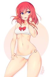Rule 34 | 10s, 1girl, artist name, bad id, bad twitter id, bandeau, bare shoulders, bikini, blush, breasts, collarbone, commentary, contrapposto, d:, hair between eyes, hand on own hip, hand on own neck, highres, long hair, looking to the side, love live!, love live! school idol project, medium breasts, navel, nishikino maki, o-ring, o-ring bottom, open mouth, purple eyes, red hair, shiny skin, simple background, slugbox, solo, standing, strapless, swimsuit, tube top, white background, white bikini