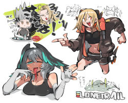 Rule 34 | !, ahoge, arknights, black hair, blonde hair, breasts, character request, cleavage, english text, ho&#039;olheyak (arknights), ifrit (arknights), jacket, large breasts, long tongue, medium breasts, midriff, muelsyse (arknights), multicolored hair, open mouth, streaked hair, tagme, tank top, tirarizun, tongue, tongue out, yellow eyes