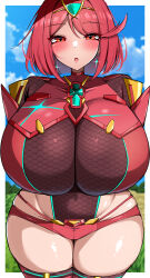 bob_cut breasts chest_jewel earrings floating_earring gem headpiece highres huge_breasts jewelry pyra_(xenoblade) red_hair red_shorts shorts swept_bangs tiara warabi0033 xenoblade_chronicles_(series) xenoblade_chronicles_2