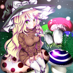 Rule 34 | 1girl, alternate costume, blonde hair, bow, braid, breasts, dress, fireflies, from above, green eyes, hair bow, hat, hat bow, kirisame marisa, kuranosuke, long sleeves, looking at viewer, looking up, medium breasts, mushroom, parted lips, purple eyes, short dress, side braid, solo, sweater, sweater dress, thighhighs, touhou, v arms, wavy hair, white bow, white thighhighs, witch hat, yellow eyes, zettai ryouiki