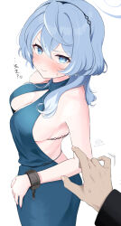 Rule 34 | 1girl, 1other, ako (blue archive), ako (dress) (blue archive), backless dress, backless outfit, blue archive, blue dress, blue eyes, blue hair, blue halo, blush, breasts, chain, cleavage, closed mouth, cuffs, dress, hair between eyes, halo, handcuffs, highres, large breasts, long hair, looking at viewer, masshirokachi, sideboob, signature, simple background, sleeveless, sleeveless dress, solo focus, twitter username, white background
