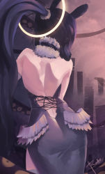 Rule 34 | 1girl, absurdres, alternate hairstyle, animal ears, ass, back, back focus, backless dress, backless outfit, bad id, bad pixiv id, bare back, bare shoulders, black dress, black hair, dress, elbow gloves, facing away, feathered wings, from behind, fur-trimmed collar, fur trim, gloves, halo, highres, hololive, hololive english, long hair, low wings, median furrow, ninomae ina&#039;nis, ninomae ina&#039;nis (1st costume), ponytail, roober, shoulder blades, side slit, sidelocks, single elbow glove, solo, tentacles, very long hair, virtual youtuber, white gloves, wings