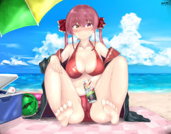 Rule 34 | 1girl, absurdres, barefoot, beach, beach towel, beach umbrella, bikini, black jacket, blush, bow, breasts, can, cleavage, clochetteravine, cloud, collarbone, cooler, drink, drink can, food, fruit, hair bow, heart, heart print, heterochromia, highres, holding, hololive, houshou marine, jacket, large breasts, long hair, long sleeves, looking at viewer, navel, ocean, off shoulder, open clothes, open jacket, orange eyes, pink hair, print bikini, red bikini, red eyes, sand, sitting, sky, smile, soda, soda can, swimsuit, towel, twintails, umbrella, virtual youtuber, water, watermelon