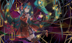 Rule 34 | 1girl, absurdly long hair, aqua hair, arm up, asymmetrical gloves, black gloves, black thighhighs, bug, candle, dress, elbow gloves, gloves, halloween, hatsune miku, long hair, mismatched gloves, orange eyes, see-through, shadowsinking, shoe dangle, solo, spider, thighhighs, tiara, twintails, very long hair, vocaloid