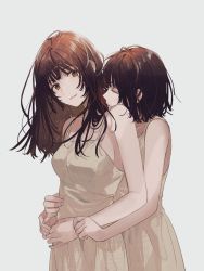 Rule 34 | 2girls, bare shoulders, beige dress, breasts, brown eyes, brown hair, closed mouth, dress, closed eyes, fly (marguerite), highres, holding person, long hair, looking to the side, medium breasts, medium hair, multiple girls, original, white background, yuri