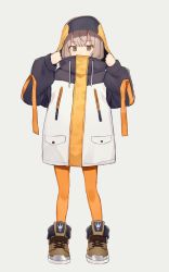 Rule 34 | 1girl, adjusting hood, animal costume, bob cut, boots, brown eyes, brown footwear, brown hair, coat, commentary, covered mouth, looking at viewer, oversized clothes, pantyhose, penguin costume, pocket, short hair, shugao, solo, white background, yellow pantyhose