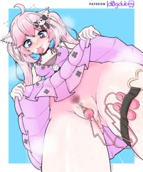 Rule 34 | 1girl, animal ears, blush, cat ears, cat girl, clothes lift, condom, condom in mouth, condom wrapper, d0gduk, dress, dress lift, female masturbation, heart, heart-shaped pupils, masturbation, mouth hold, nyatasha nyanners, object insertion, pink hair, pubic hair, purple eyes, pussy, pussy juice, sex toy, symbol-shaped pupils, thigh strap, twintails, uncensored, vibrator, virtual youtuber, vshojo
