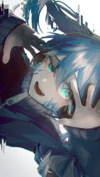 Rule 34 | 1girl, blue eyes, blue hair, ene (kagerou project), facial mark, glitch, hair between eyes, hands up, headphones, highres, jacket, kagerou project, looking at viewer, mochigome 23, open mouth, sleeves past wrists, smile, solo, teeth, track jacket, twintails, white background, zipper