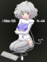 Rule 34 | 1girl, apple inc., black background, breast rest, breasts, cable, full body, grey eyes, grey thighhighs, imac, kei jiei, keyboard, keyboard (computer), large breasts, mouse (computer), personification, silver hair, simple background, sitting, solo, thighhighs