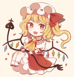 Rule 34 | 1girl, :d, ascot, back bow, beige background, blonde hair, bow, chibi, crystal, dot nose, fang, flandre scarlet, frilled shirt collar, frilled sleeves, frills, from side, full body, hat, hat ribbon, heart, heart in eye, holding, holding weapon, knees up, laevatein, legs together, long hair, looking at viewer, looking to the side, mary janes, mob cap, mozukuzu (manukedori), one side up, open mouth, petticoat, puffy short sleeves, puffy sleeves, red bow, red eyes, red footwear, red ribbon, red skirt, red vest, ribbon, shoes, short sleeves, simple background, skirt, skirt set, smile, socks, solo, swept bangs, symbol in eye, touhou, vest, weapon, white bow, white socks, wings, wrist cuffs, yellow ascot
