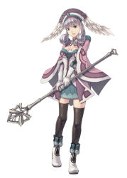 Rule 34 | 1girl, bad id, bad pixiv id, blue eyes, full body, gloves, hat, head wings, melia antiqua, nintendo, silver hair, simple background, solo, staff, standing, thighhighs, tranceorange, white background, wings, xenoblade chronicles (series), xenoblade chronicles 1